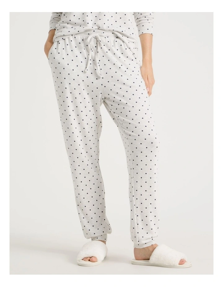Cosy Brushed Knit Jersey Sleep Cuffed Pant in Grey Marle Lilac Spot Print image 1