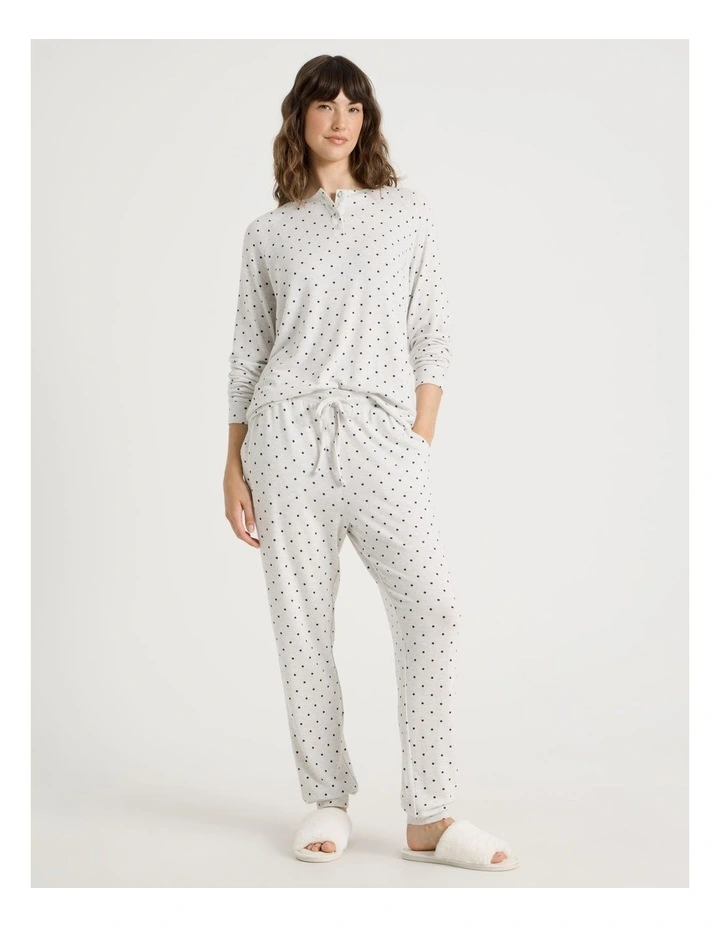 Cosy Brushed Knit Jersey Sleep Cuffed Pant in Grey Marle Lilac Spot Print image 2