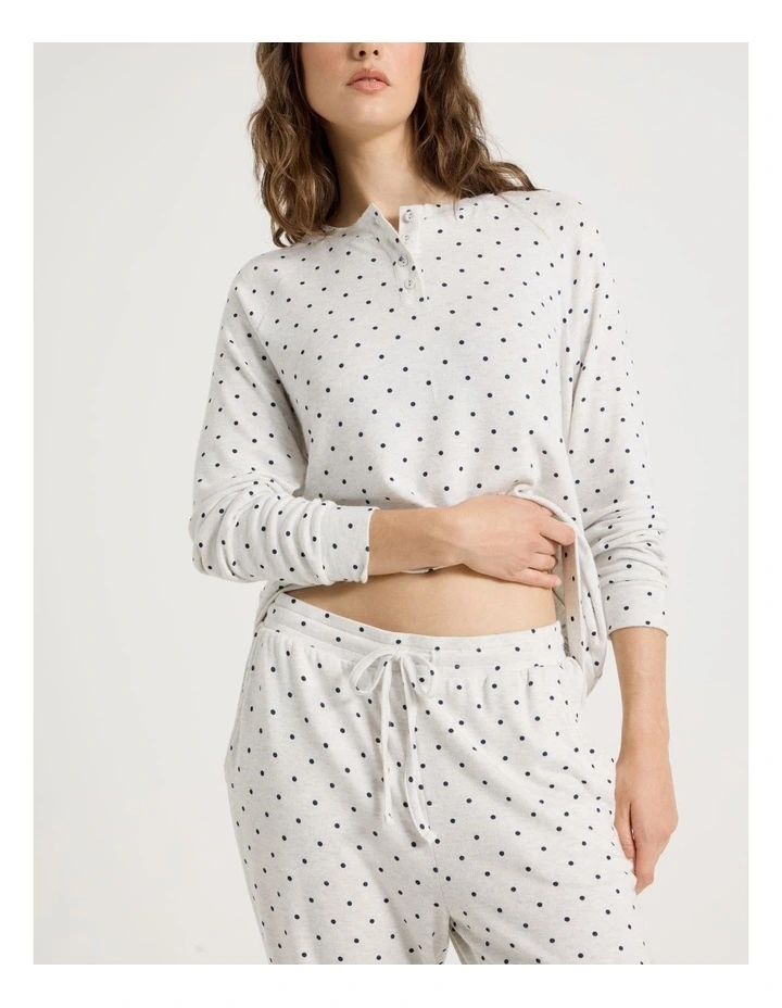 Cosy Brushed Knit Jersey Sleep Cuffed Pant in Grey Marle Lilac Spot Print image 3