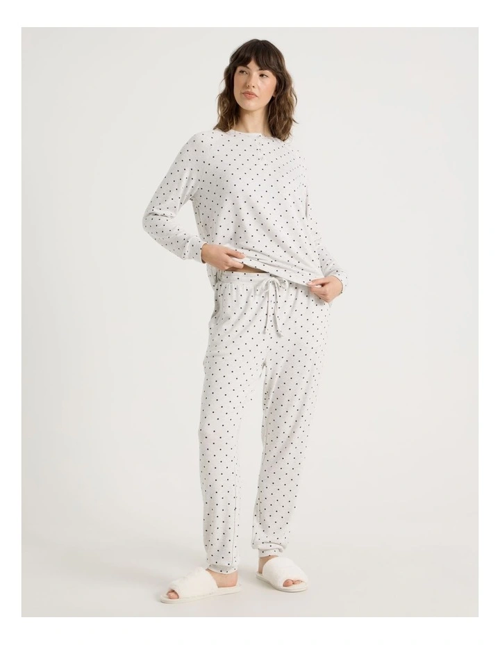 Cosy Brushed Knit Jersey Sleep Cuffed Pant in Grey Marle Lilac Spot Print image 4