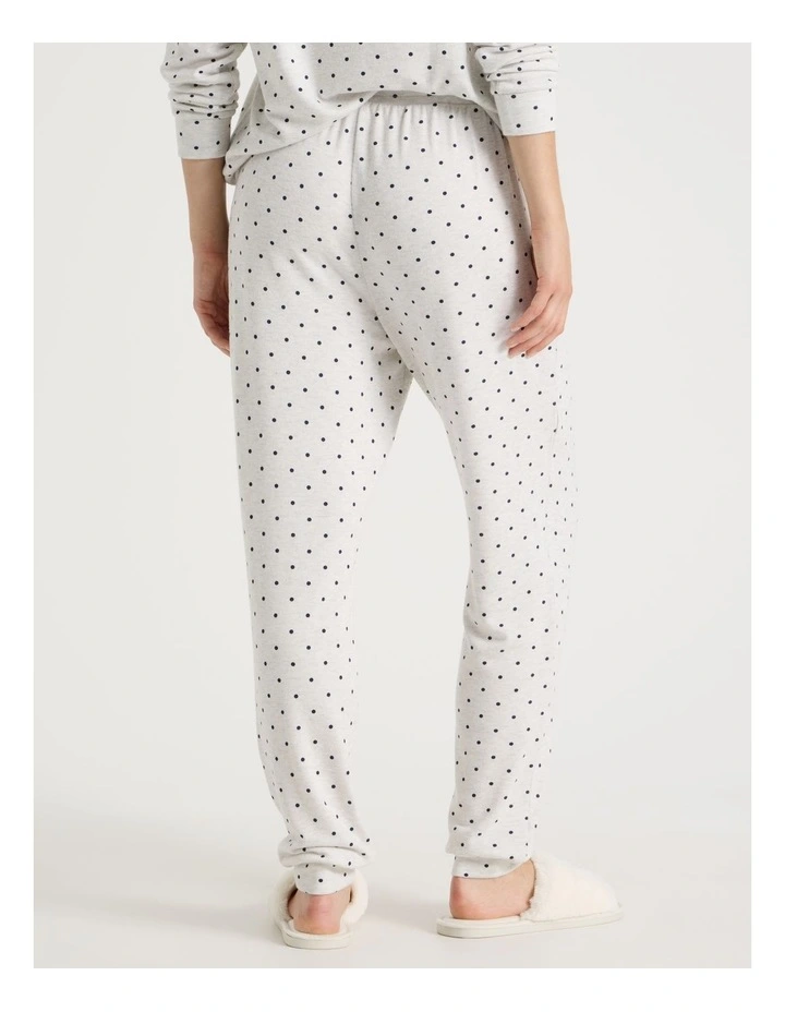 Cosy Brushed Knit Jersey Sleep Cuffed Pant in Grey Marle Lilac Spot Print image 5
