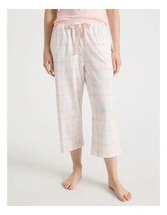 Cotton Knit 3/4 Pyjama Pant in White Check Print