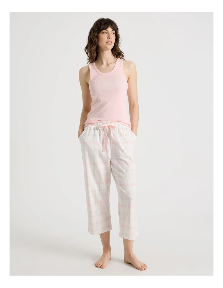 Cotton Knit 3/4 Pyjama Pant in White Check Print image 2