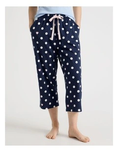 Cotton Knit 3/4 Pyjama Pant in Navy Spot Print