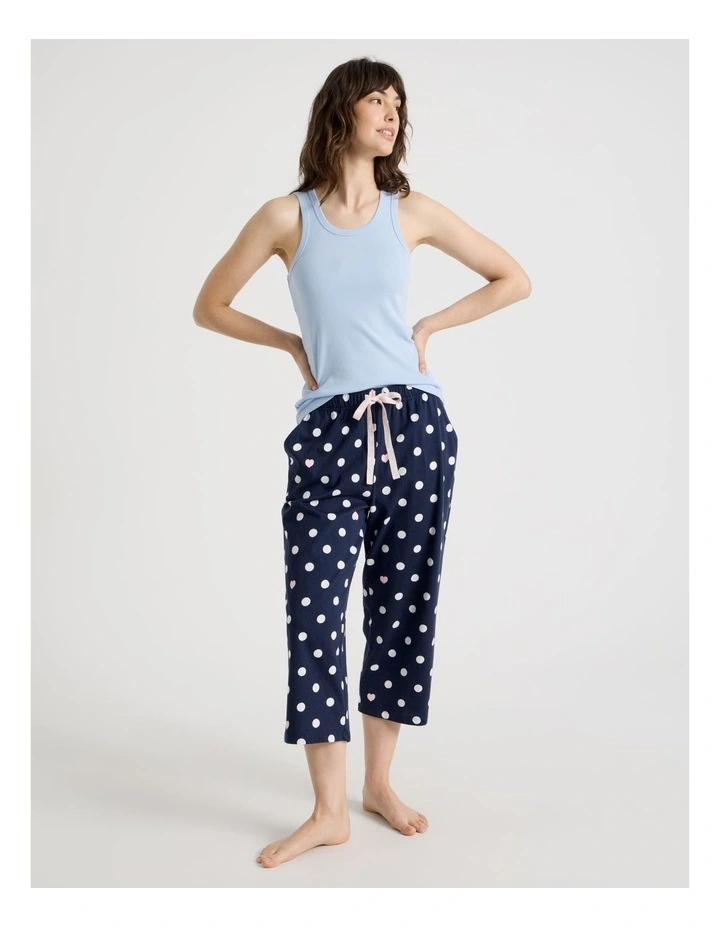 Cotton Knit 3/4 Pyjama Pant in Navy Spot Print image 2