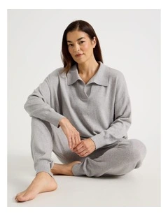 Collared Long Sleeve Knit Sleep Top in Grey Marle