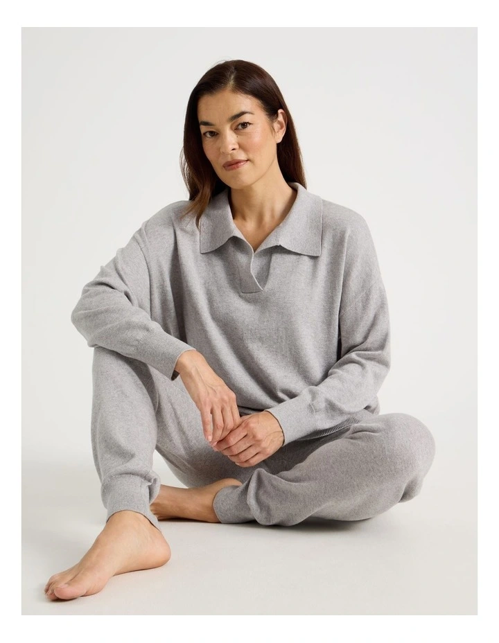 Collared Long Sleeve Knit Sleep Top in Grey Marle image 1