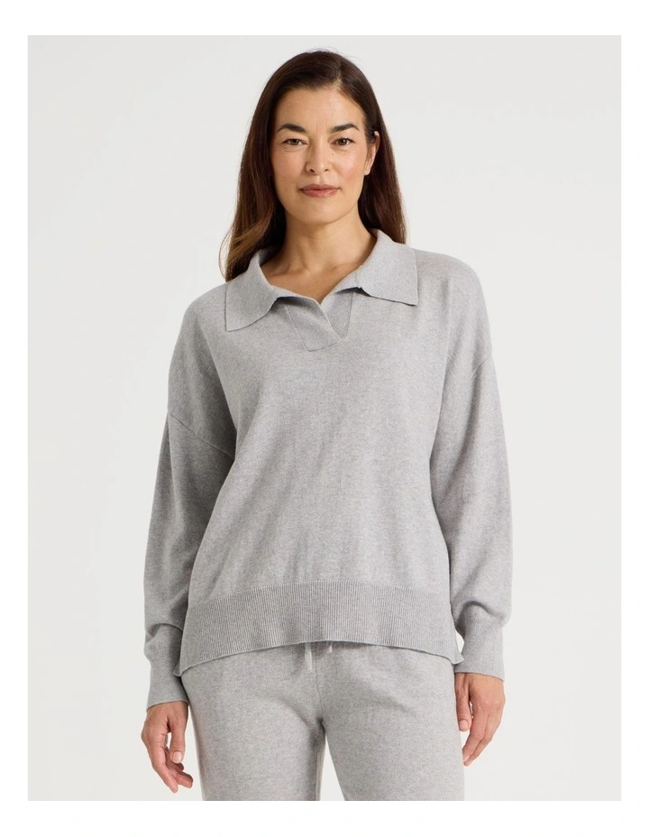Collared Long Sleeve Knit Sleep Top in Grey Marle image 2