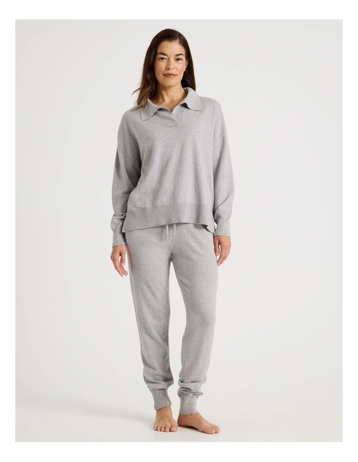 Collared Long Sleeve Knit Sleep Top in Grey Marle image 3