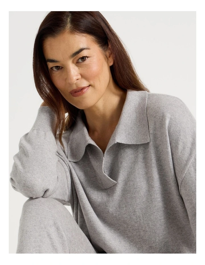 Collared Long Sleeve Knit Sleep Top in Grey Marle image 4
