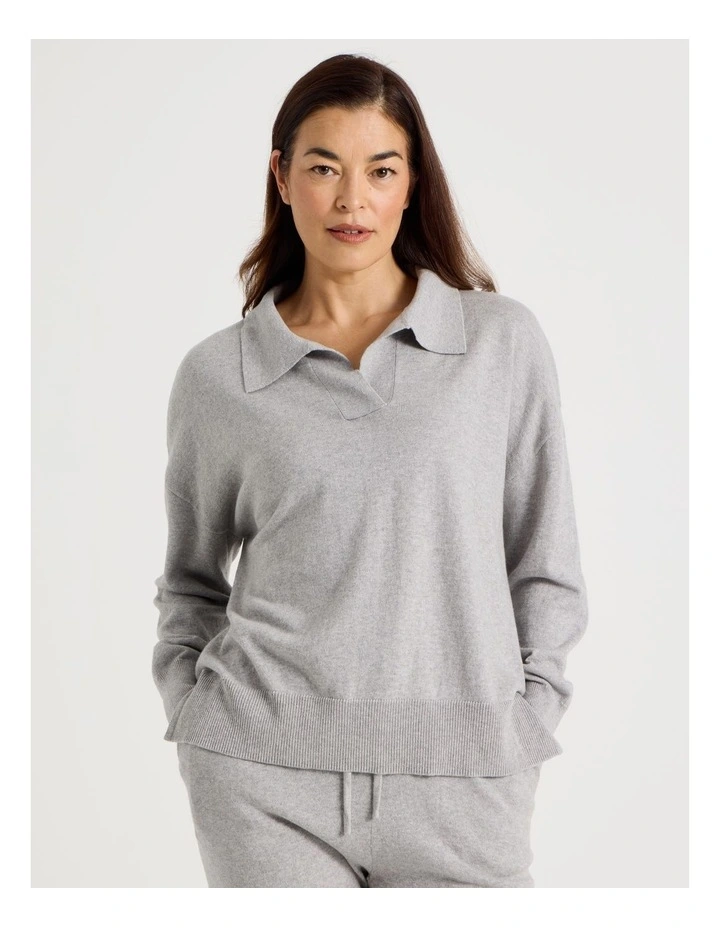 Collared Long Sleeve Knit Sleep Top in Grey Marle image 5
