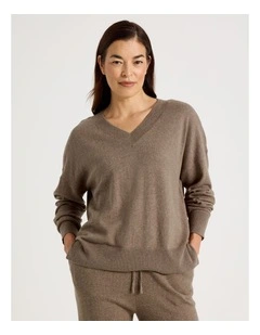 V-Neck Long Sleeve Knit Sleep Top in Malt Marle