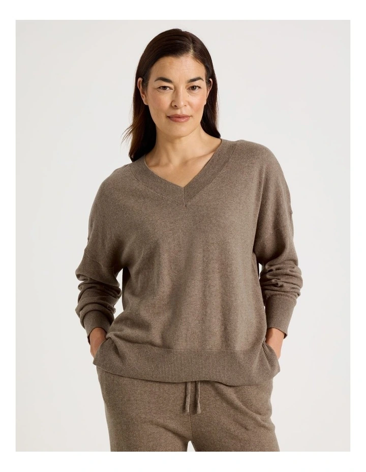 V-Neck Long Sleeve Knit Sleep Top in Malt Marle image 1