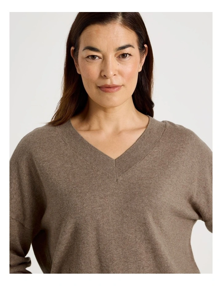 V-Neck Long Sleeve Knit Sleep Top in Malt Marle image 2