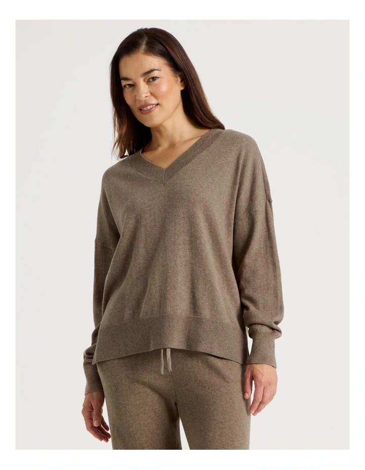 V-Neck Long Sleeve Knit Sleep Top in Malt Marle image 4
