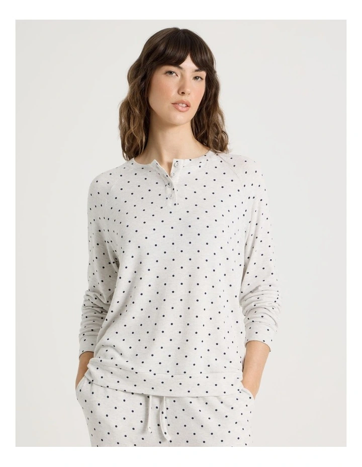 Cosy Brushed Knit Jersey Sleep Long Sleeve Top in Grey Marle Lilac Spot Print image 1