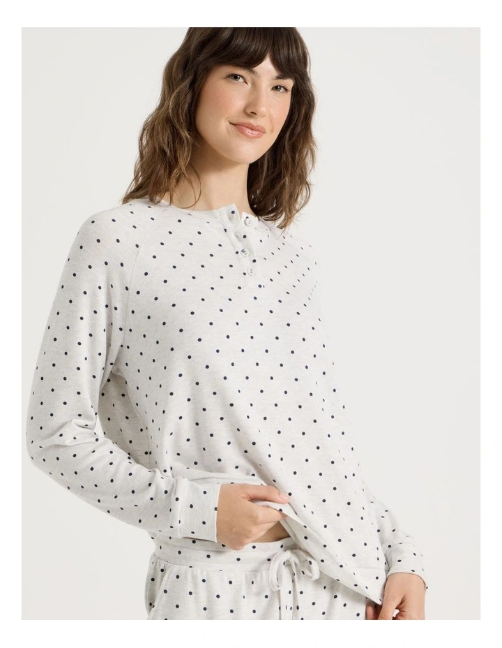 Cosy Brushed Knit Jersey Sleep Long Sleeve Top in Grey Marle Lilac Spot Print image 3