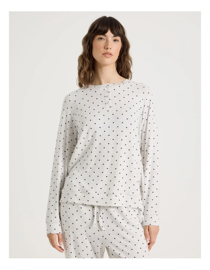 Cosy Brushed Knit Jersey Sleep Long Sleeve Top in Grey Marle Lilac Spot Print image 4