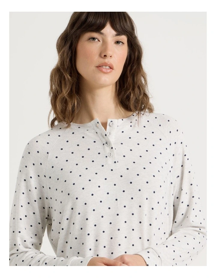 Cosy Brushed Knit Jersey Sleep Long Sleeve Top in Grey Marle Lilac Spot Print image 5