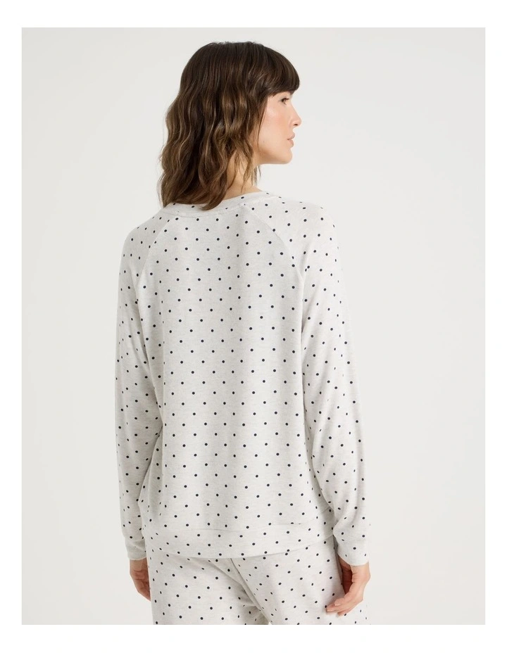 Cosy Brushed Knit Jersey Sleep Long Sleeve Top in Grey Marle Lilac Spot Print image 6