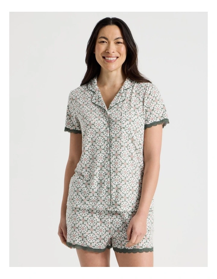Everyday Lace Short Sleeve Short Leg Pyjama Set in Laurel Green Tile Print image 2