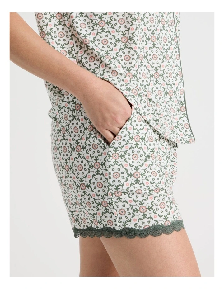Everyday Lace Short Sleeve Short Leg Pyjama Set in Laurel Green Tile Print image 3