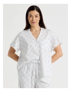 Relax Woven Button Up Short Sleeve Sleep Top in White Medallion Print