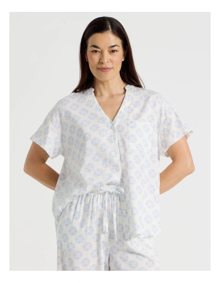 Relax Woven Button Up Short Sleeve Sleep Top in White Medallion Print image 1