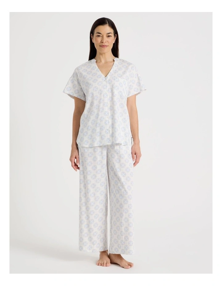 Relax Woven Button Up Short Sleeve Sleep Top in White Medallion Print image 2