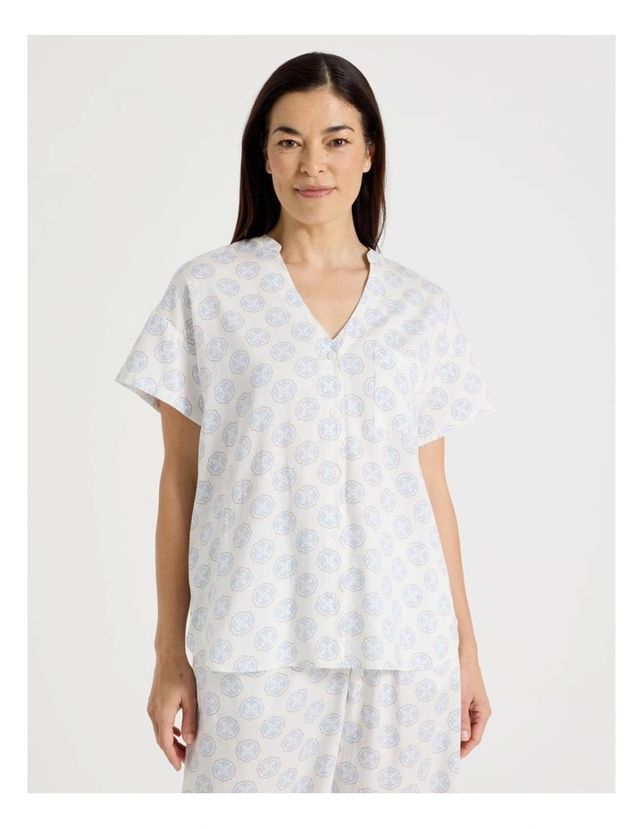 Relax Woven Button Up Short Sleeve Sleep Top in White Medallion Print image 3