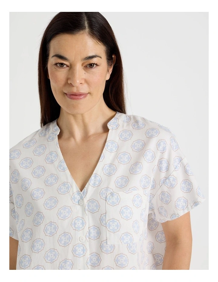 Relax Woven Button Up Short Sleeve Sleep Top in White Medallion Print image 4