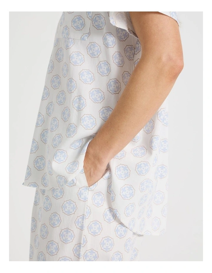 Relax Woven Button Up Short Sleeve Sleep Top in White Medallion Print image 5