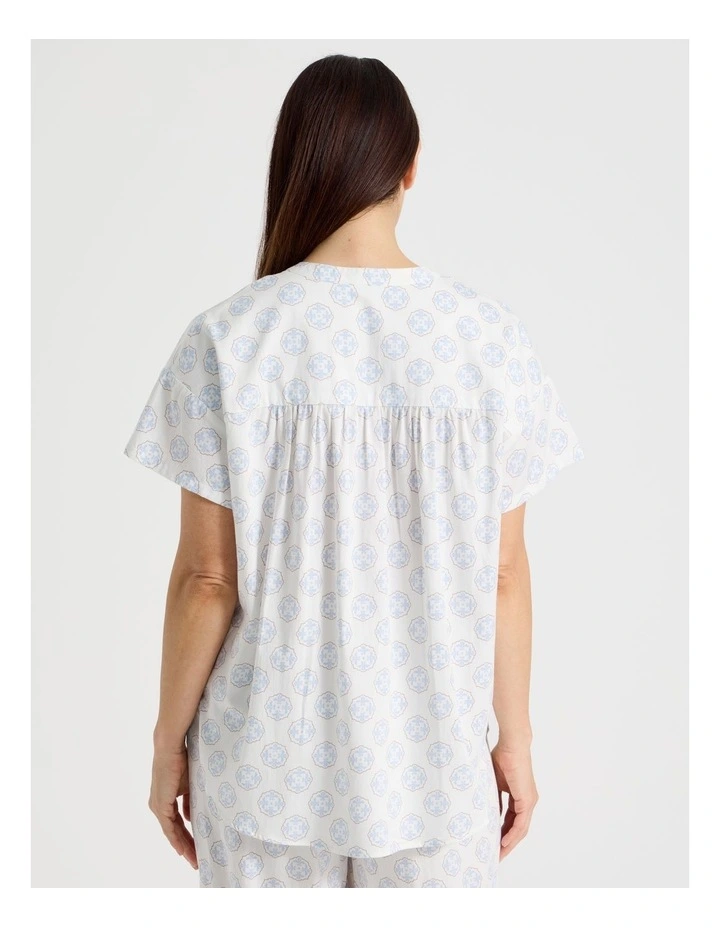 Relax Woven Button Up Short Sleeve Sleep Top in White Medallion Print image 6