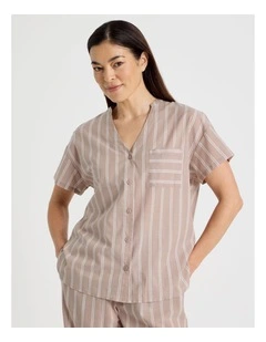 Relax Woven Button Up Short Sleeve Sleep Top in Ginger Stripe