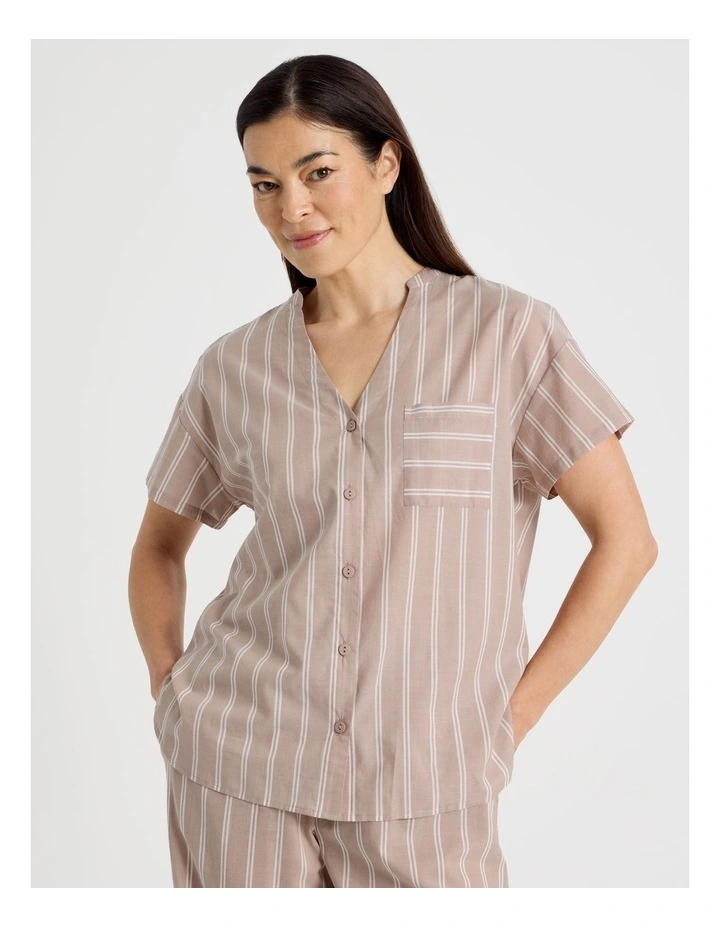 Relax Woven Button Up Short Sleeve Sleep Top in Ginger Stripe image 1