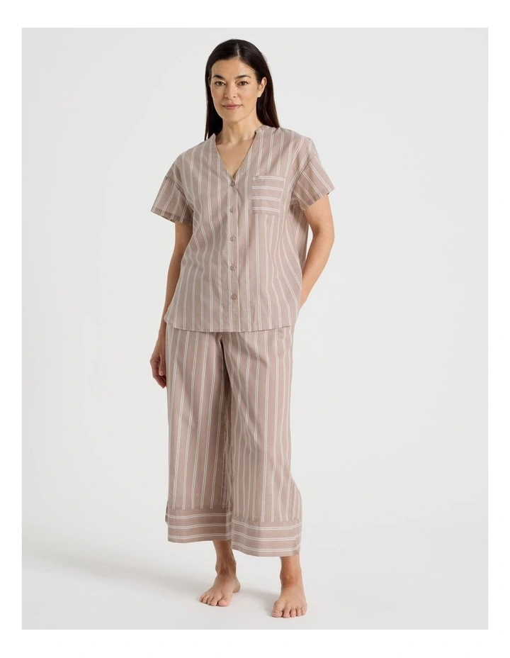 Relax Woven Button Up Short Sleeve Sleep Top in Ginger Stripe image 2