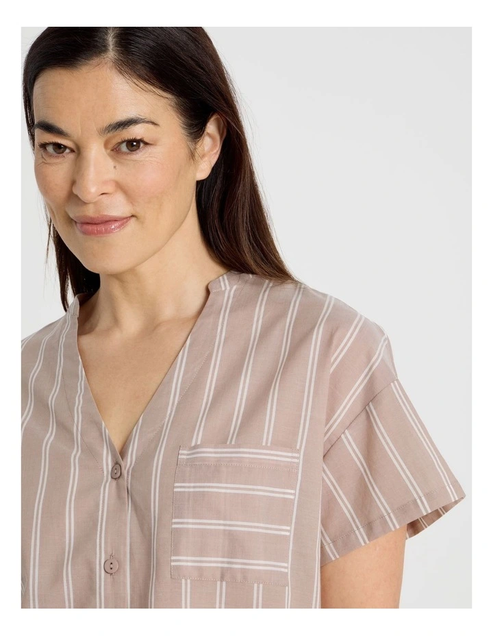 Relax Woven Button Up Short Sleeve Sleep Top in Ginger Stripe image 3