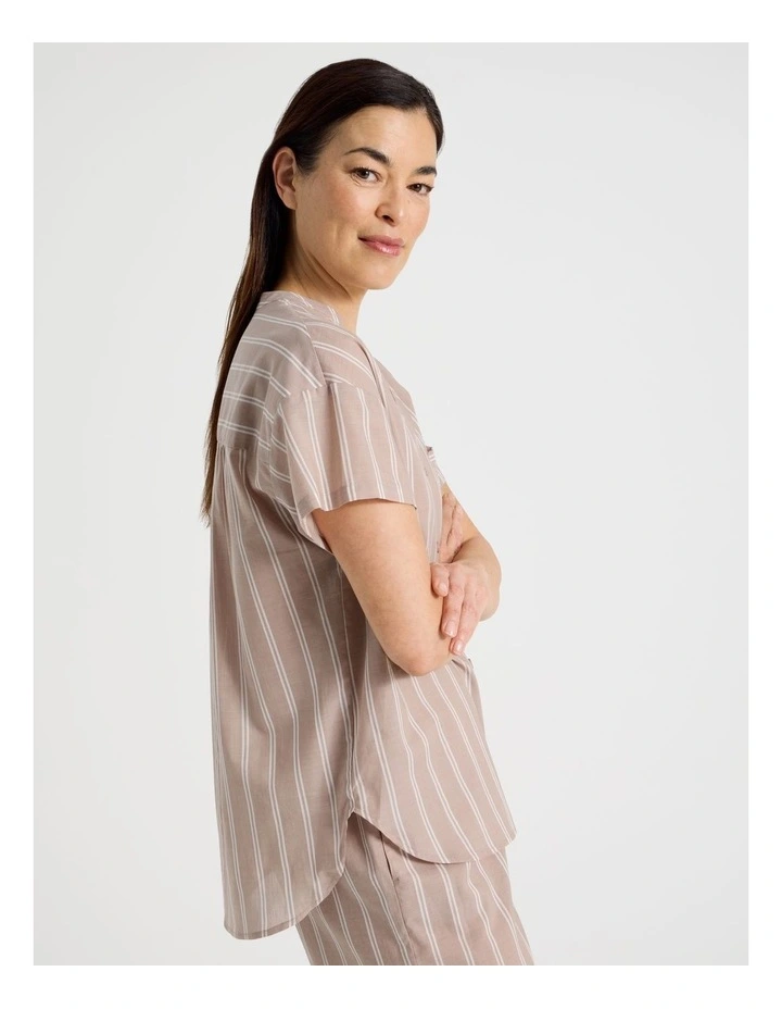 Relax Woven Button Up Short Sleeve Sleep Top in Ginger Stripe image 4