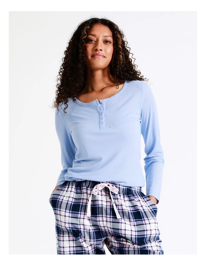 Henley Rib Long Sleeve Top in Blue image 3
