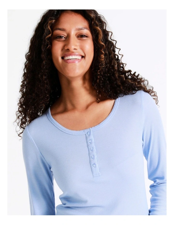 Henley Rib Long Sleeve Top in Blue image 4