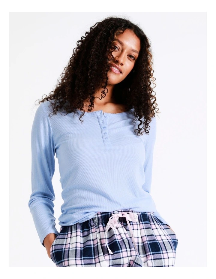 Henley Rib Long Sleeve Top in Blue image 5