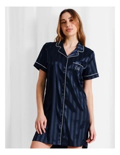 Luxe Satin Jacquard Stripe Short Sleeve Nightie in Navy Jacquard