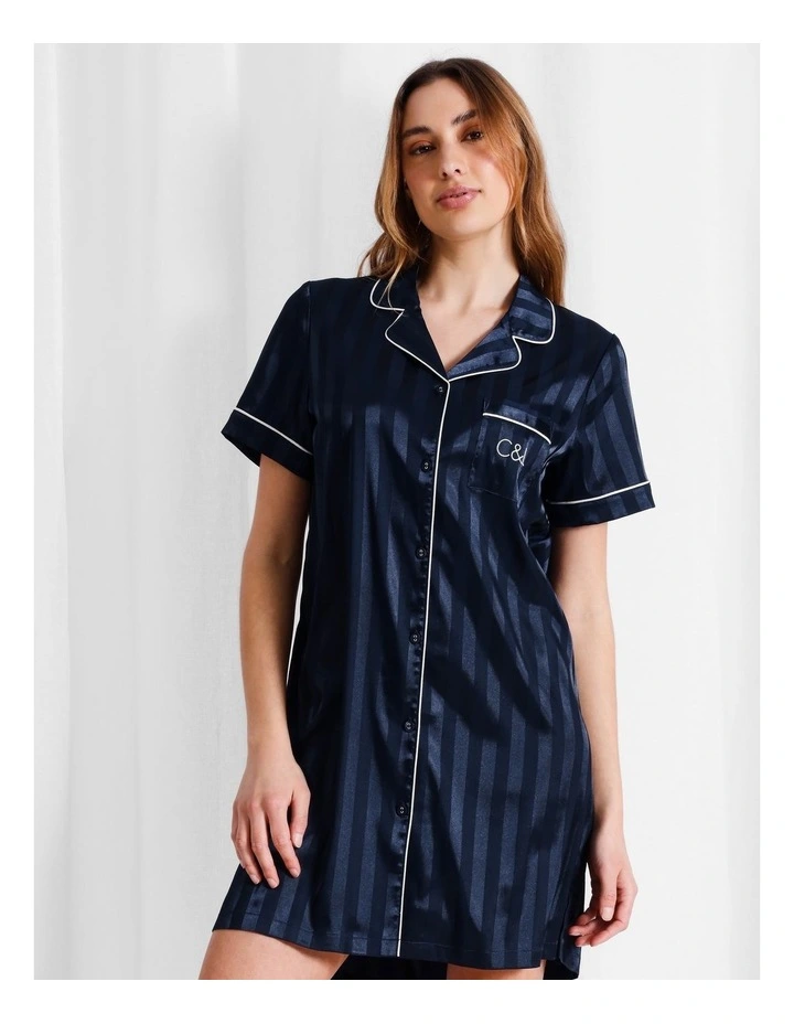 Luxe Satin Jacquard Stripe Short Sleeve Nightie in Navy Jacquard image 1