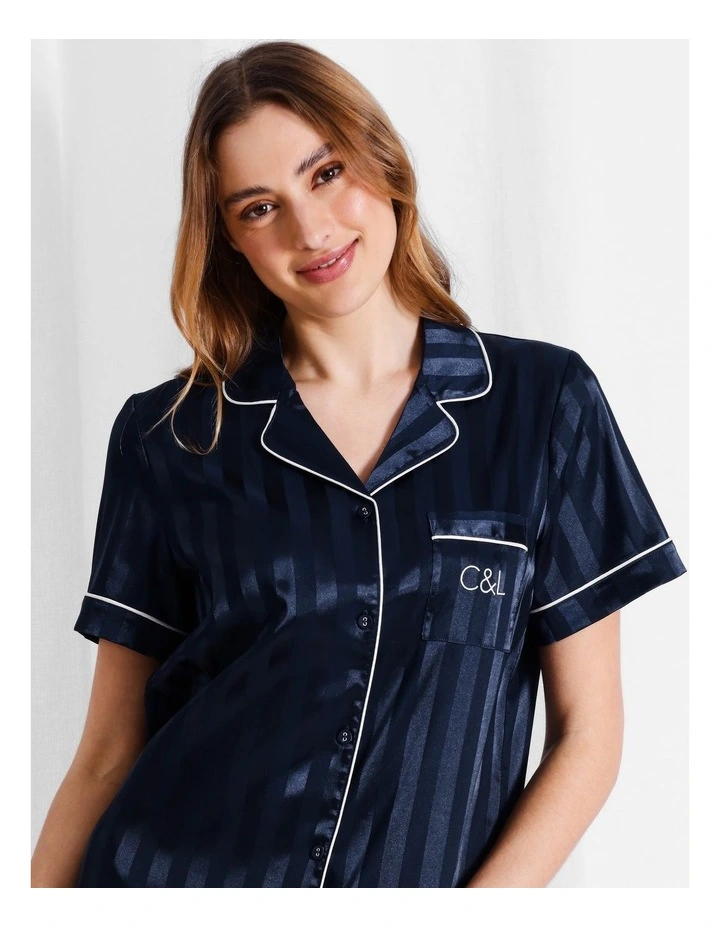 Luxe Satin Jacquard Stripe Short Sleeve Nightie in Navy Jacquard image 2