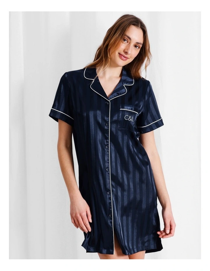 Luxe Satin Jacquard Stripe Short Sleeve Nightie in Navy Jacquard image 3