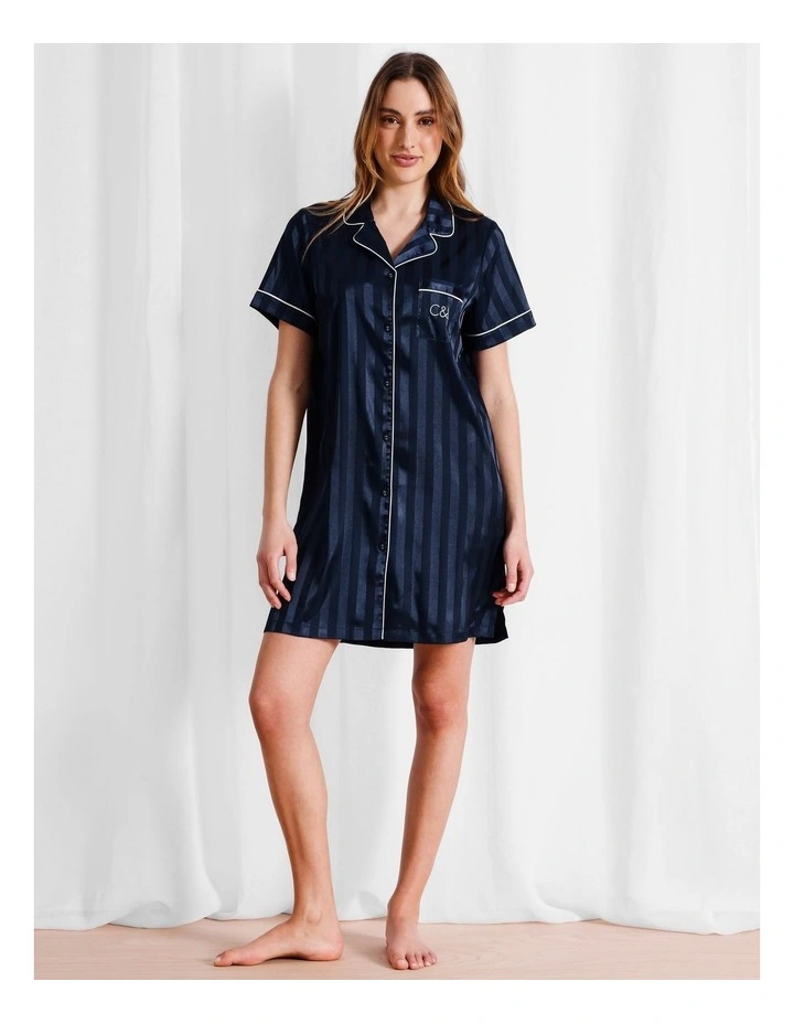 Luxe Satin Jacquard Stripe Short Sleeve Nightie in Navy Jacquard image 4
