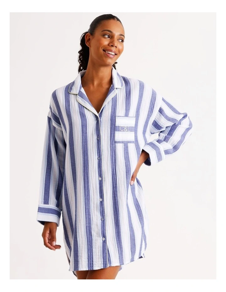 Divine Cheesecloth Oversized Night Shirt in Cobalt Stripe image 2