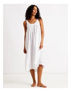 Divine Broderie Sleeveless Long Nightie in White