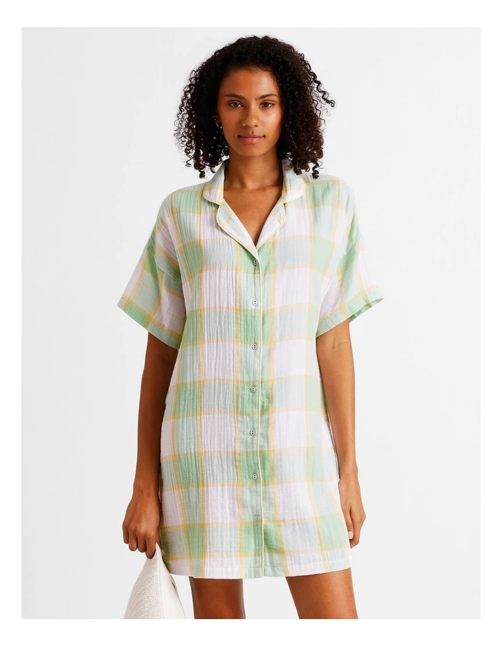Divine Cheesecloth Short Sleeve Nightie in Pistachio Check image 1