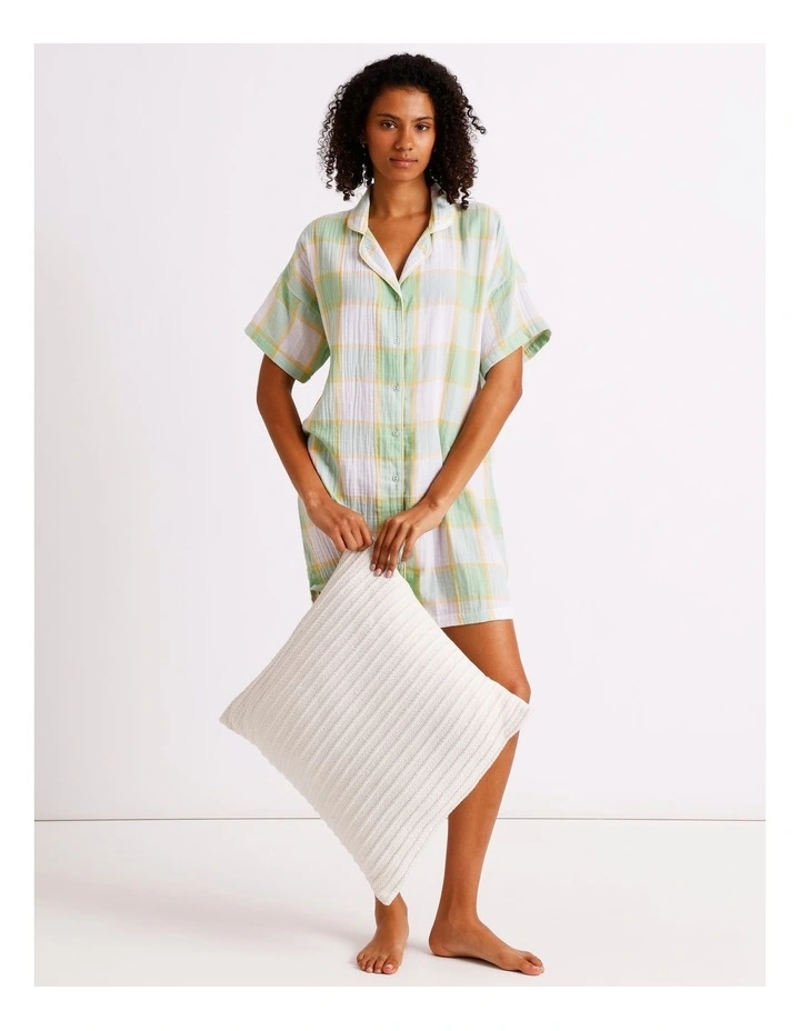 Divine Cheesecloth Short Sleeve Nightie in Pistachio Check Y/D Print image 2